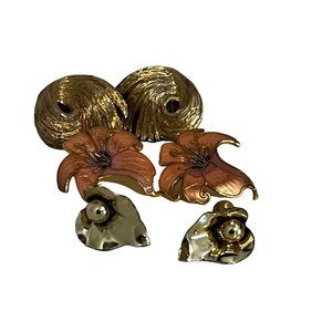 Vintage Gold Tone Costume Lot of 3 Pair Of Earrings Flowers Enamel